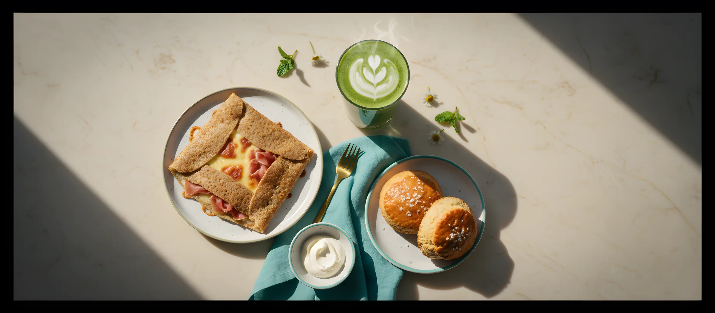 Matcha Latte, Galette und Scones auf Marmor — Bake & Brew Wiesbaden-Biebrich